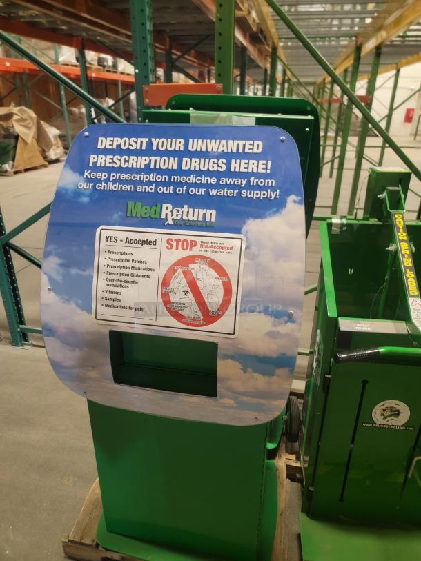 MedReturn kiosk for secure drop-offs, featuring instructions. Ideal for medications, documents, IT assets. Durable green design.