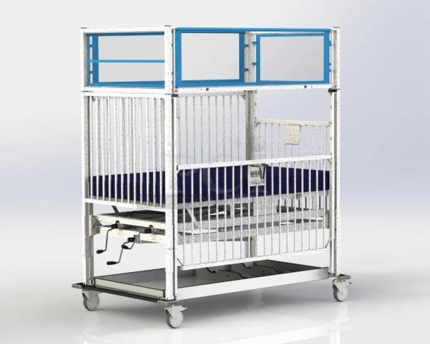 Hospital-grade infant crib, model "General Pediatric" by Hard. Features sturdy steel frame, confetti epoxy finish, wheels.