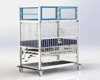 Hospital-grade infant crib, model "General Pediatric" by Hard. Features sturdy steel frame, confetti epoxy finish, wheels.
