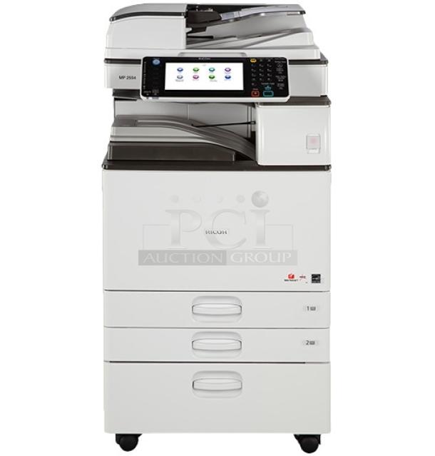 Ricoh MP 3554SP multifunction printer; print, copy, scan, fax features; model 3554SP; pristine condition; ideal for office use.