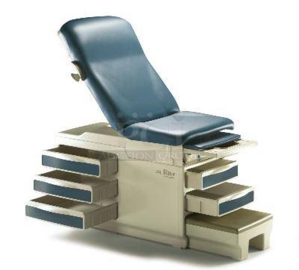 Ritter 104 examination table with adjustable blue cushioned seat, five storage drawers, sturdy design, and manual included.