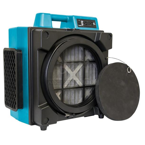 X-Power X-3400A air scrubber, features HEPA filter, blue casing, 115V/60Hz/2.8A, ideal for air purification and odor removal.
