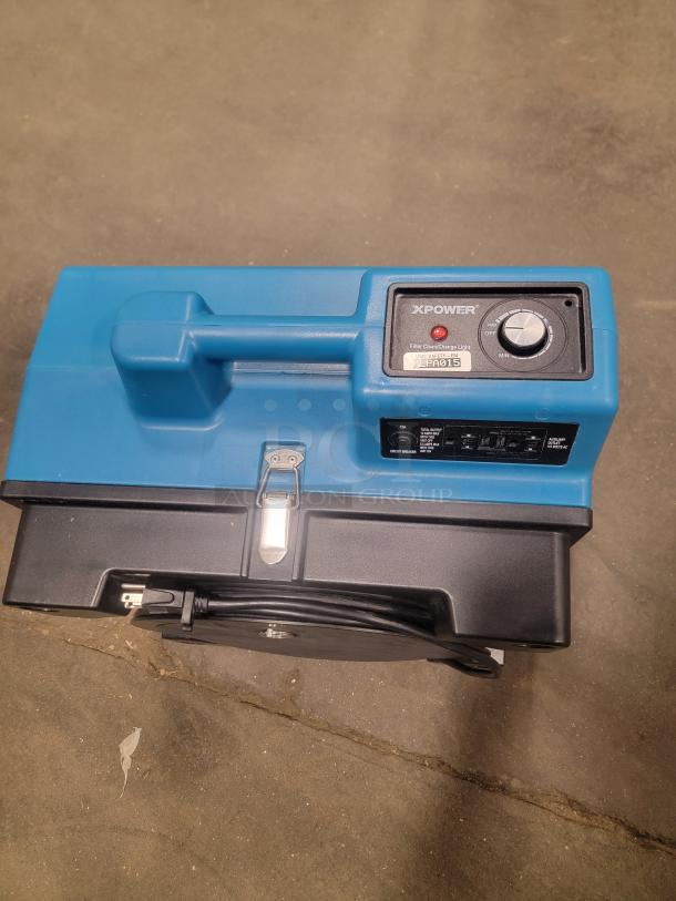 X-Power X-3400A air scrubber in blue, featuring control panel and carry handle. Model: 3400A. Ideal for purification and easy transport.