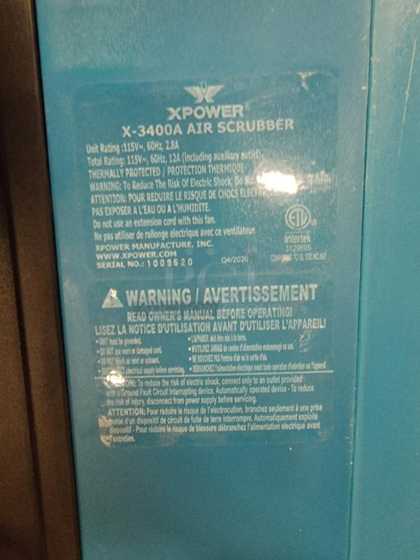 X-Power X-3400A Air Scrubber label. Features: 115V/60Hz/2.8A, thermally protected. Ideal for air purification tasks.