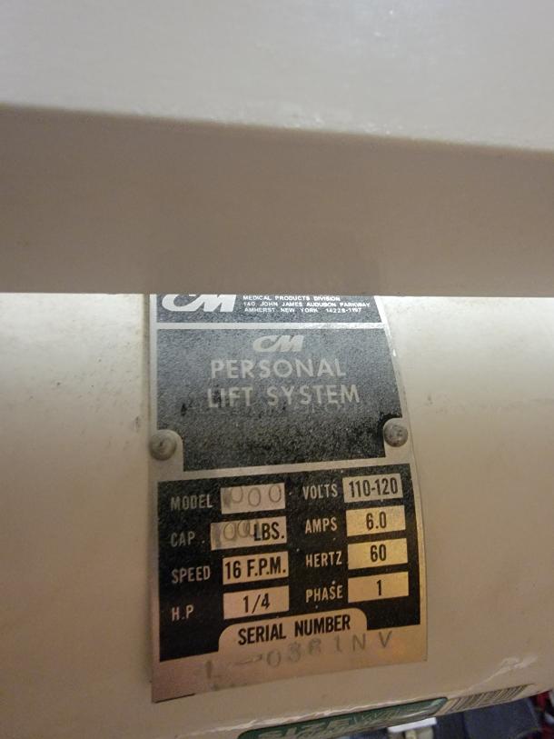 CM Personal Lift System, model Assist 1000, shown with label indicating 1000 lb capacity, 110-120V, 6.0 amps.