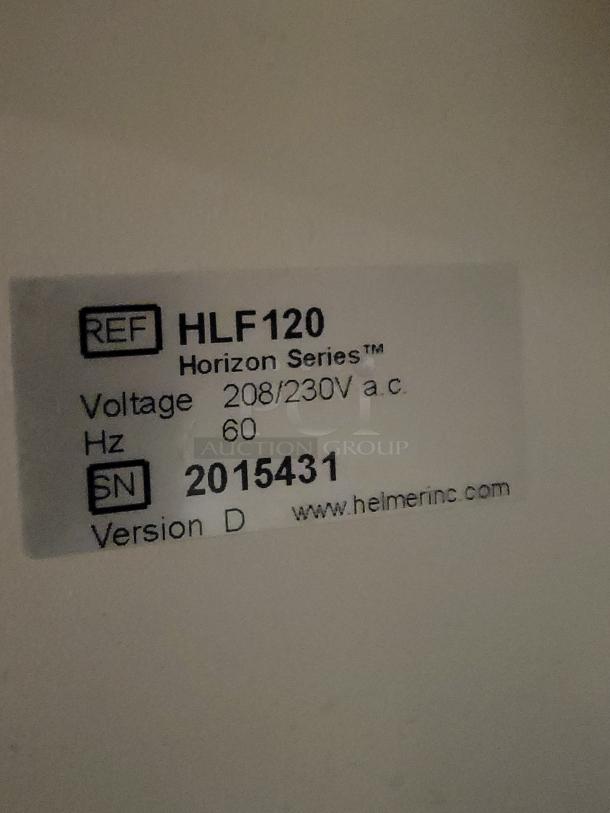 Helmer Horizon Series HLF120 freezer label showing model, voltage 208/230V a.c, 60 Hz, SN 2015431, Version D.
