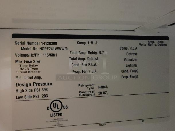Norlake Scientific commercial freezer, Model NSPF241WWW/0, UL listed. Voltage 115/60/1, refrigerant R404A, 20 oz capacity.