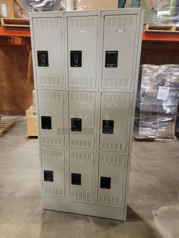 Tennsco TTS-121824-CMG staff lockers, 9 units, padlock hasps, beige, durable metal, excellent condition. Ideal for restaurants.