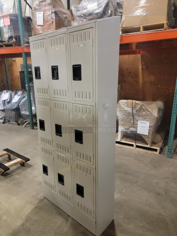 Tennsco TTS-121824-CMG 9-unit lockers for staff, beige, padlock hasp, sturdy metal, excellent condition, ideal for restaurants.