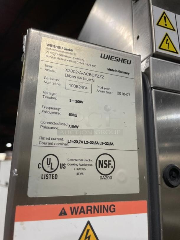 Wiesheu Dibas 64 Blue S, Model X3002-A, serial 10382404, made in 2018, 7.8kW, UL and NSF listed, warning labels visible.