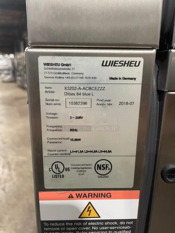 WIESHEU Dibas 64 blue L oven label; serial no. 10382396; voltage 3-208V; made 2018; NSF, UL listed; warning label visible.
