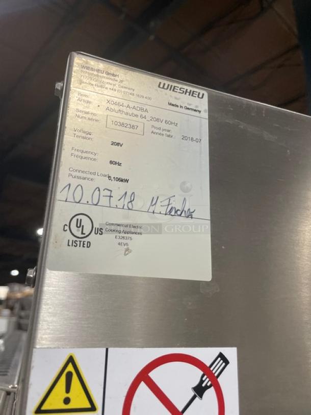 Wiesheu GmbH appliance label with model X0648-A-AD84. Voltage: 208V, Frequency: 60Hz, Load: 1.06kW. UL listed.