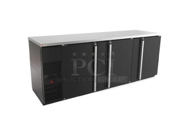 Commercial black undercounter refrigerator, stainless steel top, four doors, excellent condition, brand label visible.