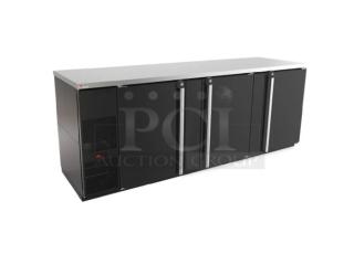 Commercial black undercounter refrigerator, stainless steel top, four doors, excellent condition, brand label visible.