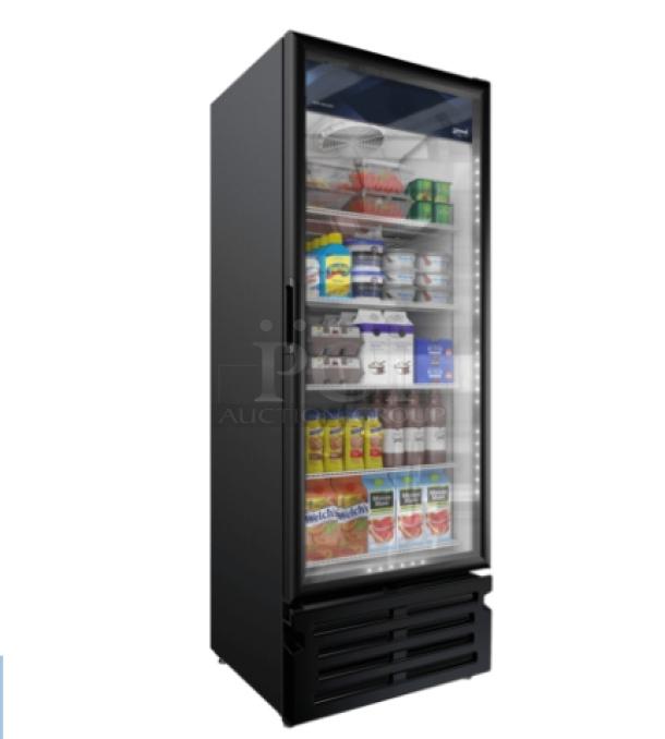 Commercial glass door refrigerator with multiple shelves displaying beverages and food items; new condition.