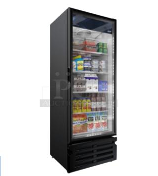 Commercial glass door refrigerator with multiple shelves displaying beverages and food items; new condition.