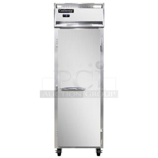 Commercial refrigerator by Continental, stainless steel, single door, good condition, on caster wheels, model number visible.