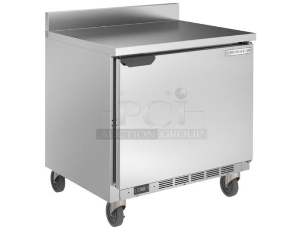 Beverage-Air stainless steel undercounter refrigerator, single door, with digital temperature display, on caster wheels.