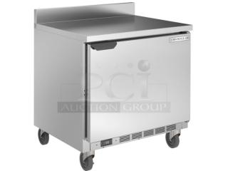 Beverage-Air stainless steel undercounter refrigerator, single door, with digital temperature display, on caster wheels.