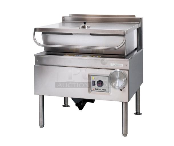 Cleveland tilt skillet, stainless steel, electric controls, brand logo visible, excellent condition, ideal for commercial kitchens.