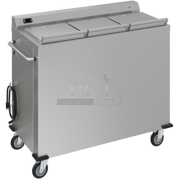 Dinex stainless steel food transport cart with digital temperature display, three compartments, and caster wheels. Excellent condition.