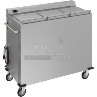 Dinex stainless steel food transport cart with digital temperature display, three compartments, and caster wheels. Excellent condition.