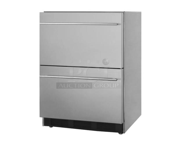Stainless steel undercounter refrigerator with two drawers. Modern design, excellent condition, ideal for compact spaces.