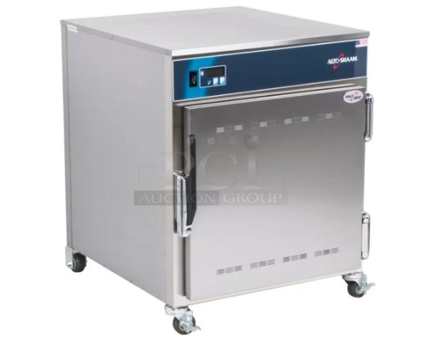 Alto-Shaam warming cabinet, stainless steel, single-door, digital control panel, on casters, excellent condition.