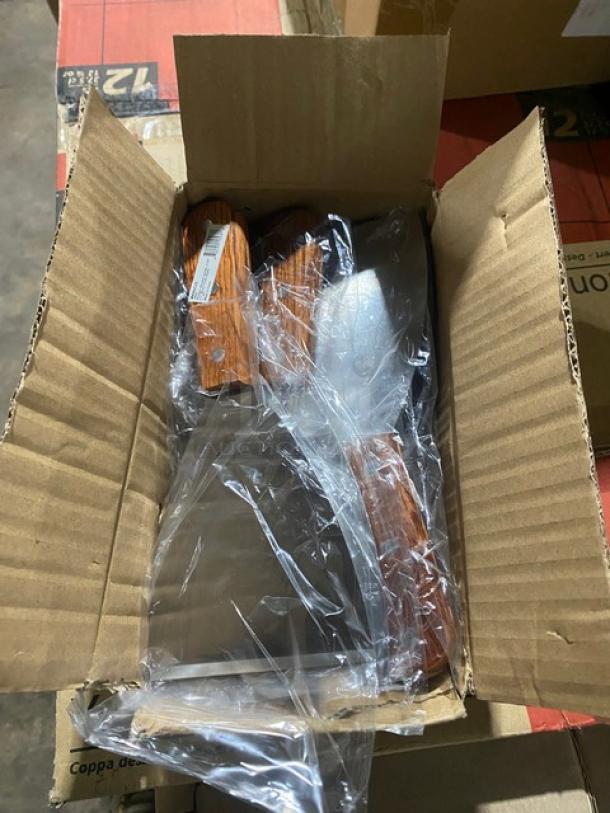 Set of stainless steel kitchen knives in a cardboard box, wooden handles, new condition, plastic wrapped, labeled with item details.
