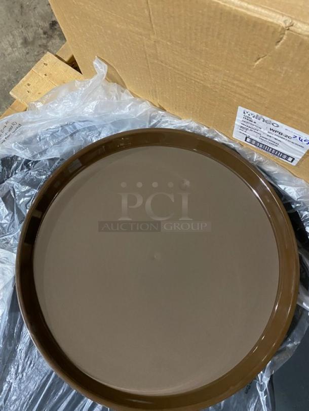 Brown circular tray with glossy finish, in new condition. Package box labeled "Winco" visible, indicating brand and inventory details.