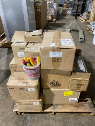 Pallet of assorted cardboard boxes labeled "Elite Global Solutions," various sizes and weights, includes a bucket of colorful handles.