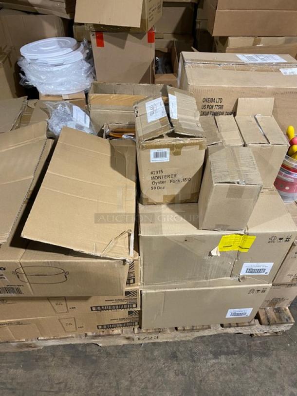 Boxes of Monterey oyster forks and various kitchen items on a pallet, showing opened and sealed conditions with visible labels.