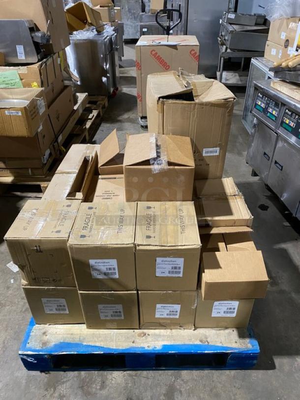 Stack of assorted cardboard boxes on a blue pallet in a warehouse. Boxes have labels but contents are unknown.