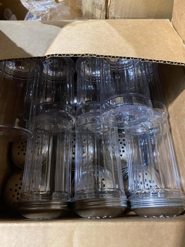 Box of clear glass shakers with metal lids, new condition, ideal for salt and pepper, bulk quantity.