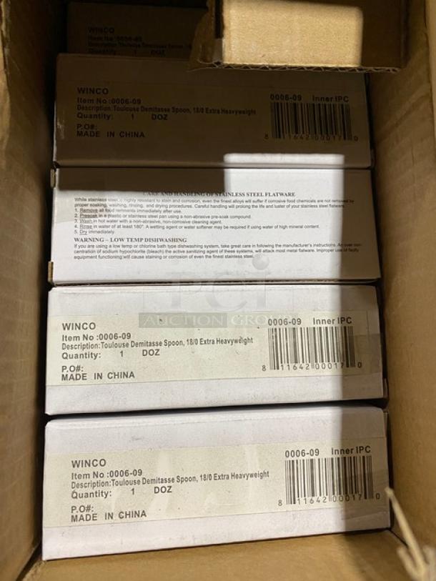 Box of Winco Toulouse Demitasse Spoons, 18/0 extra heavyweight, 1 dozen, item no. 0006-09, made in China.
