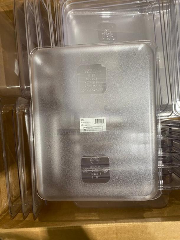 Stack of clear plastic lids labeled NSF, model 12, brand sticker visible, in new condition, box included.