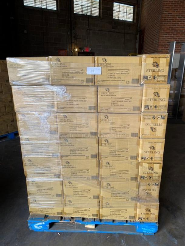 Pallet of Sterling ComfortPlus Nitrile Gloves, 90 boxes, shrink-wrapped. Label shows size medium, 200 gloves per box.