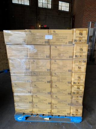 Pallet of Sterling ComfortPlus Nitrile Gloves, 90 boxes, shrink-wrapped. Label shows size medium, 200 gloves per box.