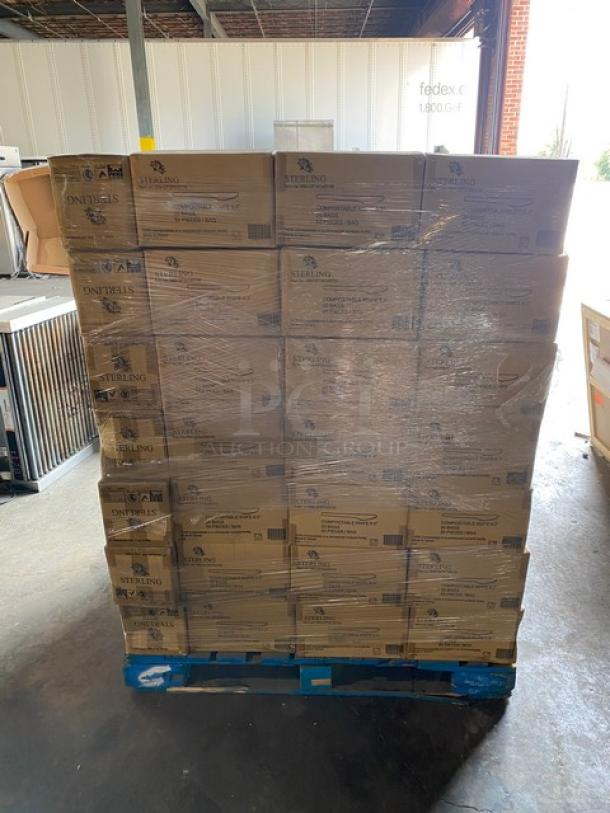 Pallet of Sterling dinnerware sets in cardboard boxes, shrink-wrapped. Boxes show item description and quantity.