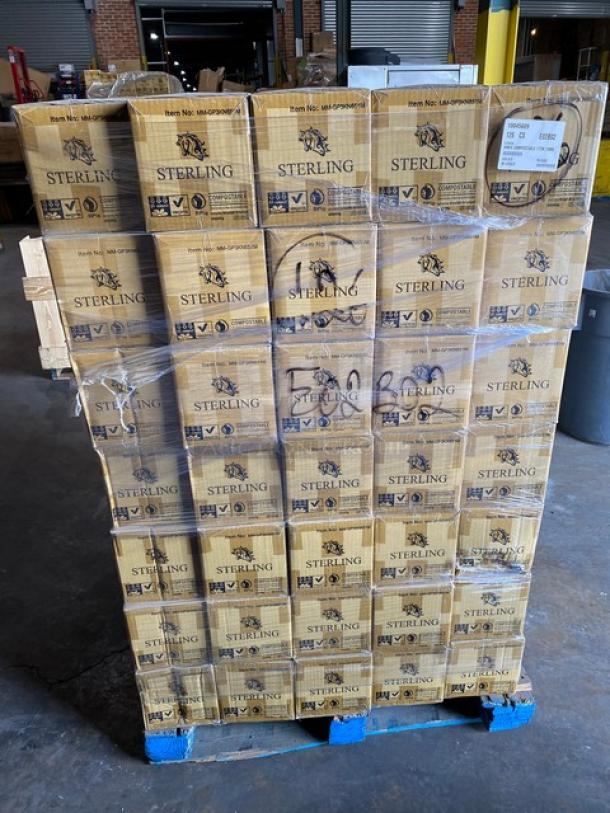 Pallet of Sterling boxes, shrink-wrapped, with visible item number label. Boxes show Sterling logo and handling symbols.