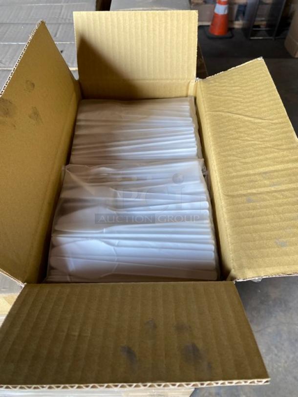 Box of white plastic disposable forks, neatly packed in plastic sleeves, in new condition.