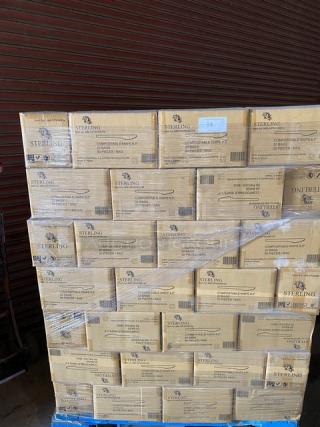 Pallet of Sterling compostable knives, sealed boxes, labeled 6.5 inches, 10 pieces per bag, stacked and wrapped in plastic.