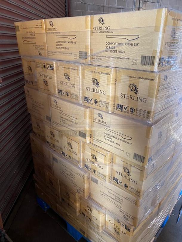 Pallet of boxed Sterling compostable knives, 6.5", item MMPGR065WTE, 20 bags per box, 50 pieces per bag, eco-friendly.