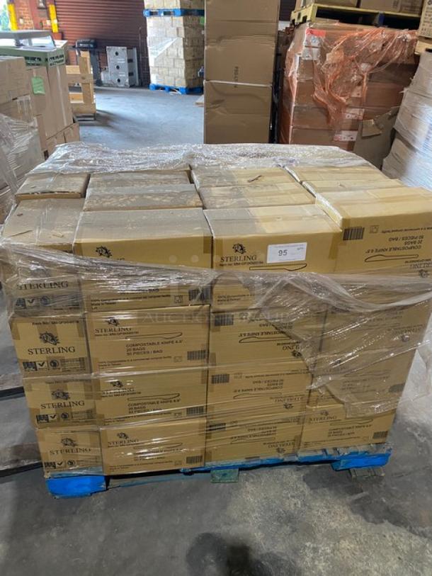Pallet of Sterling cardboard boxes wrapped in plastic, labeled "95," stored in a warehouse. Boxes indicate sterilization products.