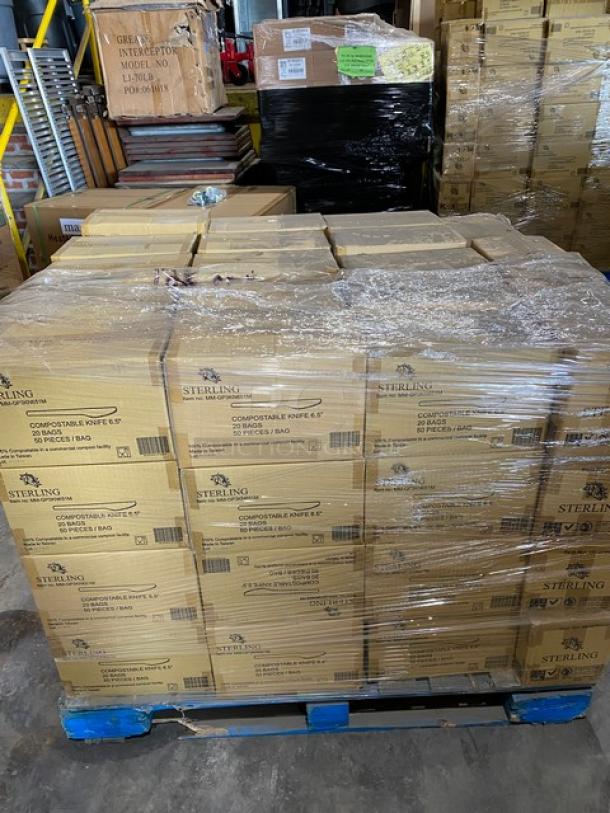 Pallet of Sterling compostable knives, 3200 pieces. Boxes state "50 pieces per bag, 20 bags per case". New condition.
