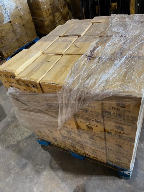 Pallet of Sterling-branded cardboard boxes wrapped in plastic, stacked and secured for shipping. Boxes in good condition.