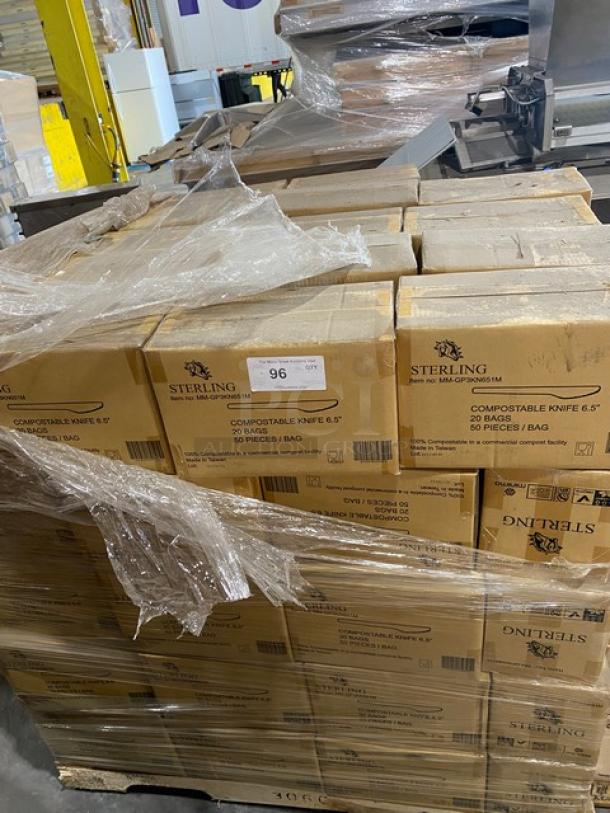 Boxes of Sterling compostable knives, 6.5 inches, 20 bags/box, 50 pieces/bag; labeled for industrial composting.