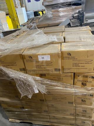 Boxes of Sterling compostable knives, 6.5 inches, 20 bags/box, 50 pieces/bag; labeled for industrial composting.