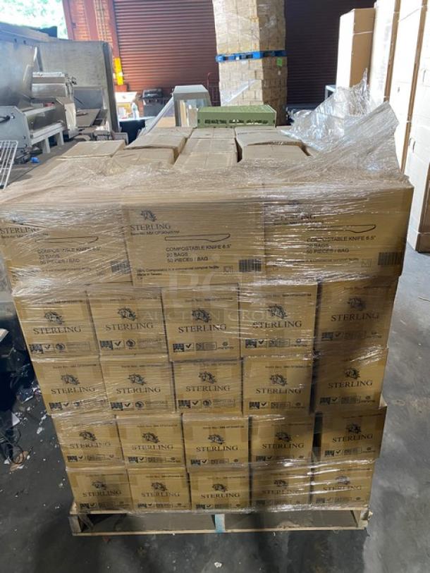 Pallet of Sterling compostable knives, 6.5", 50 pieces per box, wrapped and ready for shipping. Eco-friendly packaging.