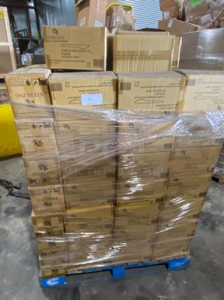 Pallet of sealed Sterling cardboard boxes, shrink-wrapped. Each box labeled "Sterling," indicating contents and handling instructions.